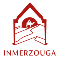 In Merzouga logo with a camel, Sahara dunes and Moroccan arch design.