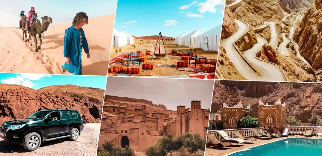 A collage pictures of 4x4 toyota, luxury camp, camel ride, Kasbah ait ben Haddou and Dades gorges