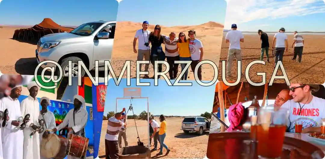 A collage pictures of visiting Merzouga Nomads, gnawa music, nomad tent.
