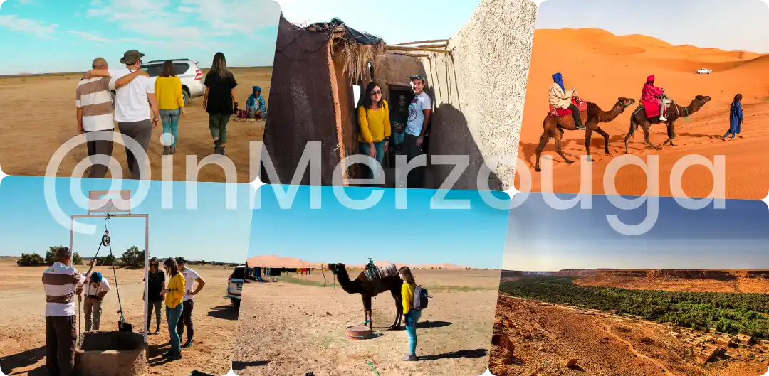 a collage pictures of visiting nomads in Merzouga Morocco