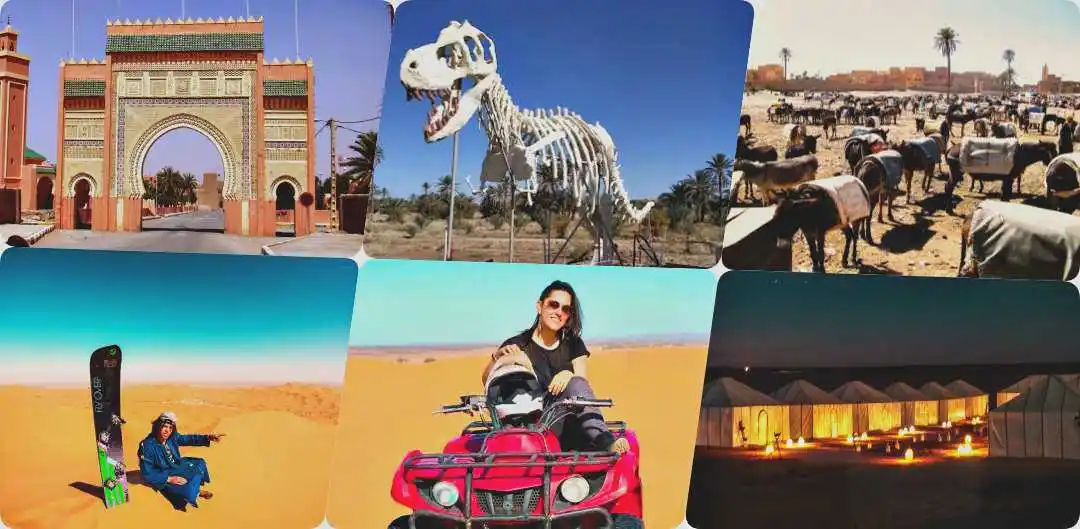 A collage pictures of sandboarding, quadbiking, desert luxury camp, rissani gate and donkey, museum dinosaur Merzouga Morocco