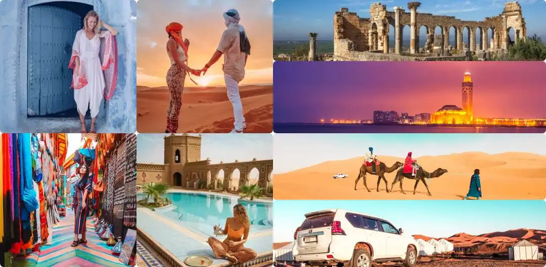 A collage pictures of Fes, Couple Desert, Merzouga luxury camp, hotel cafe du sud, camel ride Merzouga, volubilis