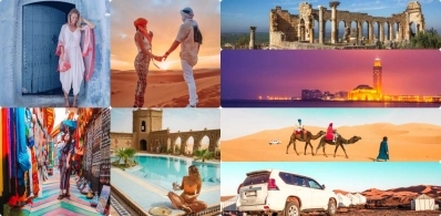A collage pictures of Fes, Couple Desert, Merzouga luxury camp, hotel cafe du sud, camel ride Merzouga, volubilis, Merzouga desert tours