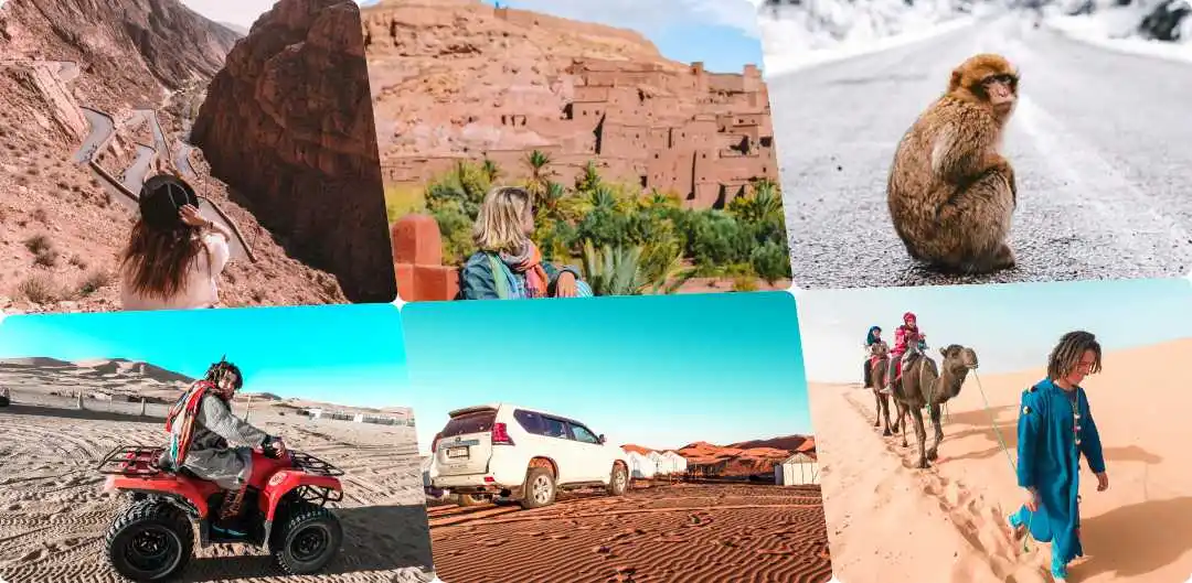 A collage picture of quad biking with 4x4 toyoya and camel ride with monkey barber and a girl in Kasbah ait ben Haddou