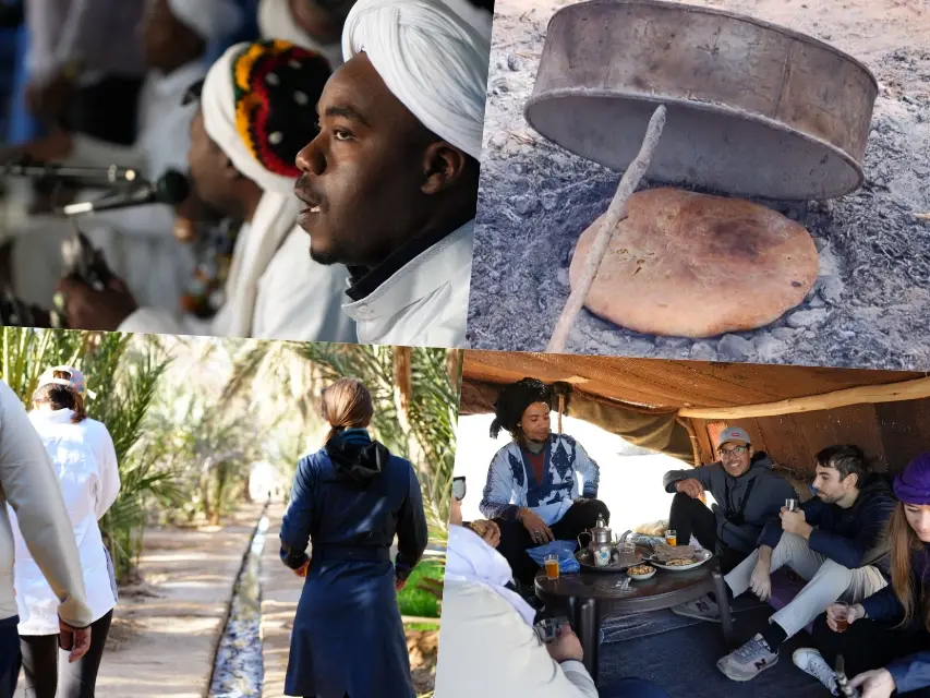 A collage of images showcasing various aspects of nomadic life, including a Nomads Family in Khamlia Village, Berber Pizza, and the Hassi Labied Oasis.