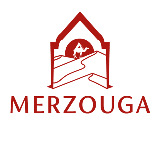 Inmerzouga Merzouga Desert Tours logo with camel, Sahara dunes and desert path representing luxury desert tours and camp experiences in Merzouga Morocco.