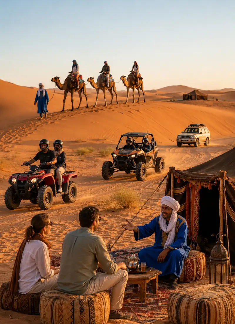 Travelers enjoying camel riding, quad biking, a buggy tour, a 4×4 adventure and a local nomad visit in Merzouga.