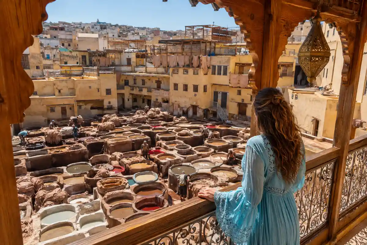 Woman overlooking the traditional dye vats and leather workers at the Chouara Tanneries in Fes, Morocco.