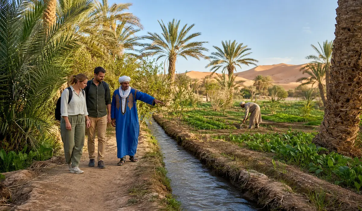 Local guide showing travelers the palm gardens and traditional irrigation channels of Hassi Labied oasis