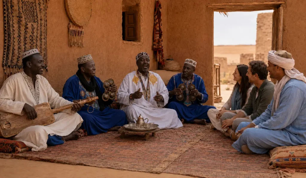 Black Moroccan Gnawa musicians performing traditional music for visitors in Khamlia village near Merzouga