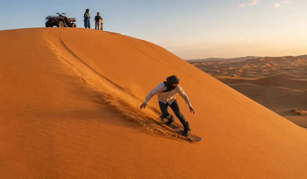 Traveler sandboarding down a high Erg Chebbi dune with a quad bike at the summit near Merzouga