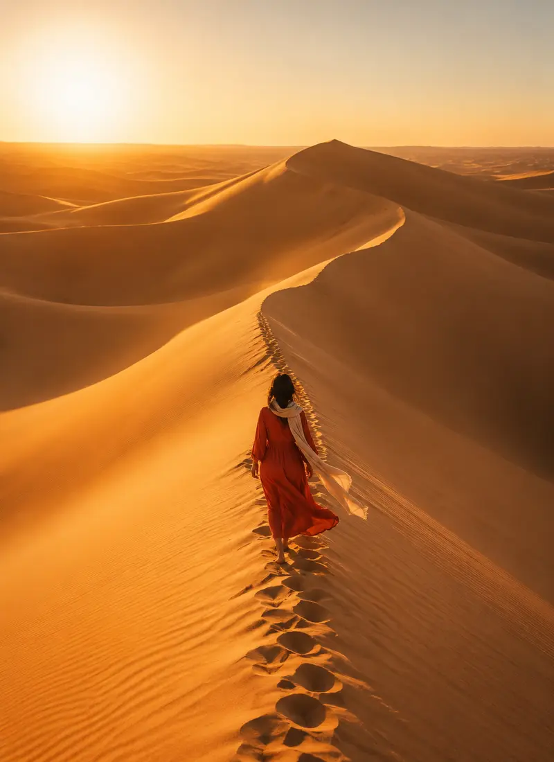 Aerial drone photograph of a woman walking along the golden Erg Chebbi dunes in Merzouga, Morocco.