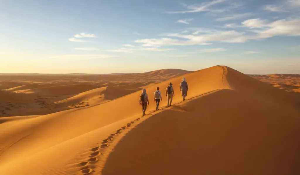 Travelers hiking along a high Erg Chebbi dune with a local guide near Merzouga