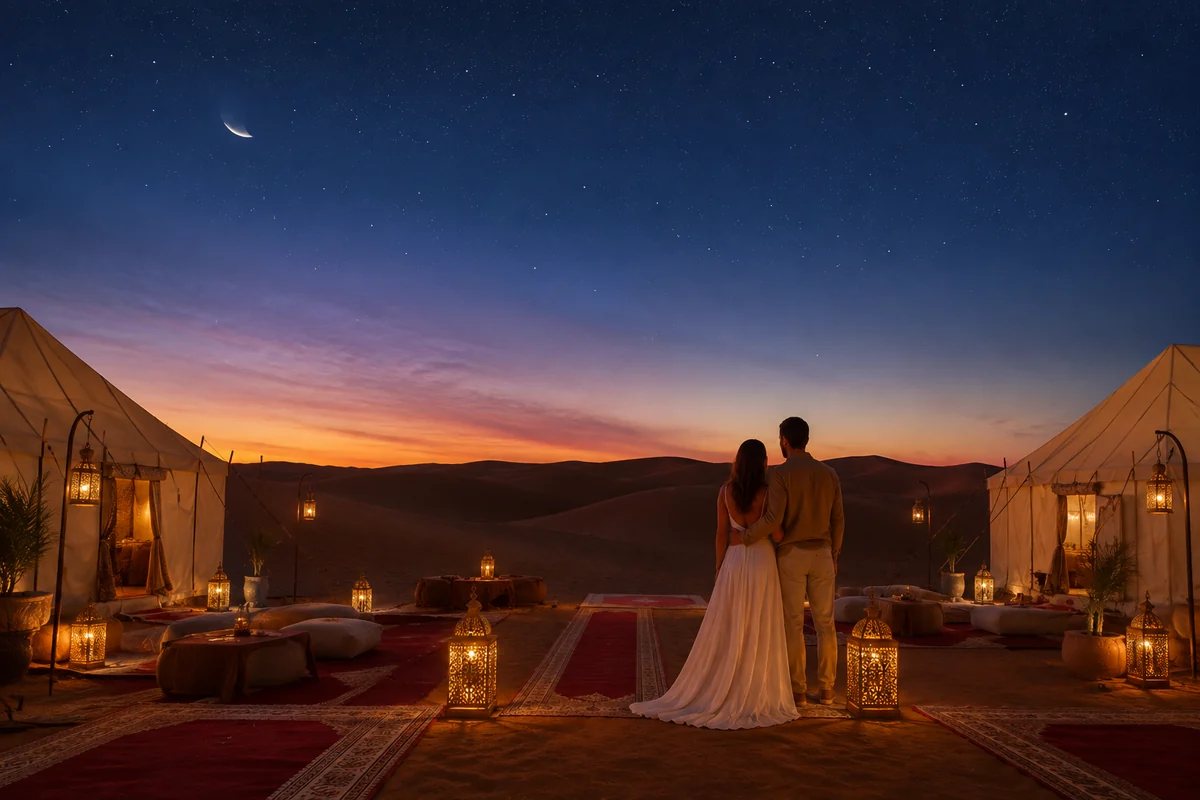Couple stargazing beside illuminated luxury tents under a crescent moon at a Merzouga desert camp.