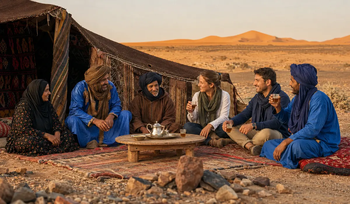 Travelers sharing Moroccan tea with a local nomadic Amazigh family near the Erg Chebbi dunes