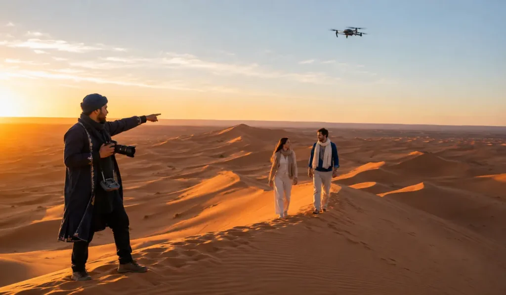 Local photographer creating professional camera and drone photos of a couple in the Erg Chebbi dunes