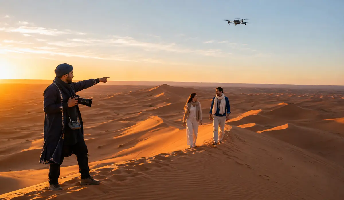 Local photographer creating professional camera and drone photos of a couple in the Erg Chebbi dunes