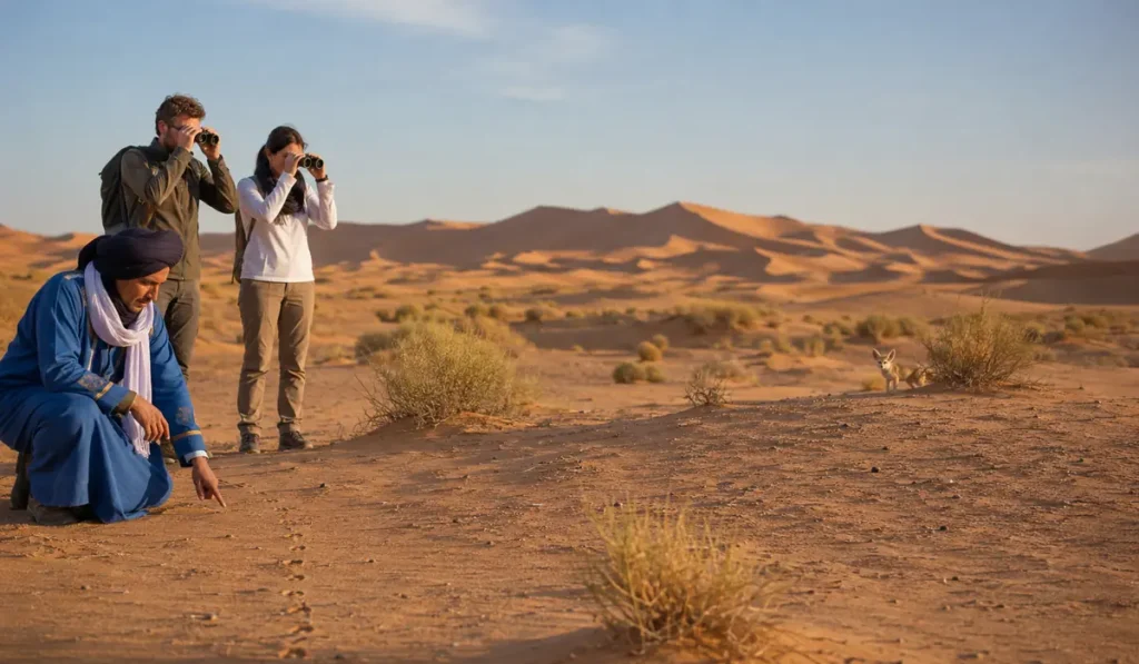 Travelers observing a wild fennec fox from a respectful distance with a local guide near Merzouga