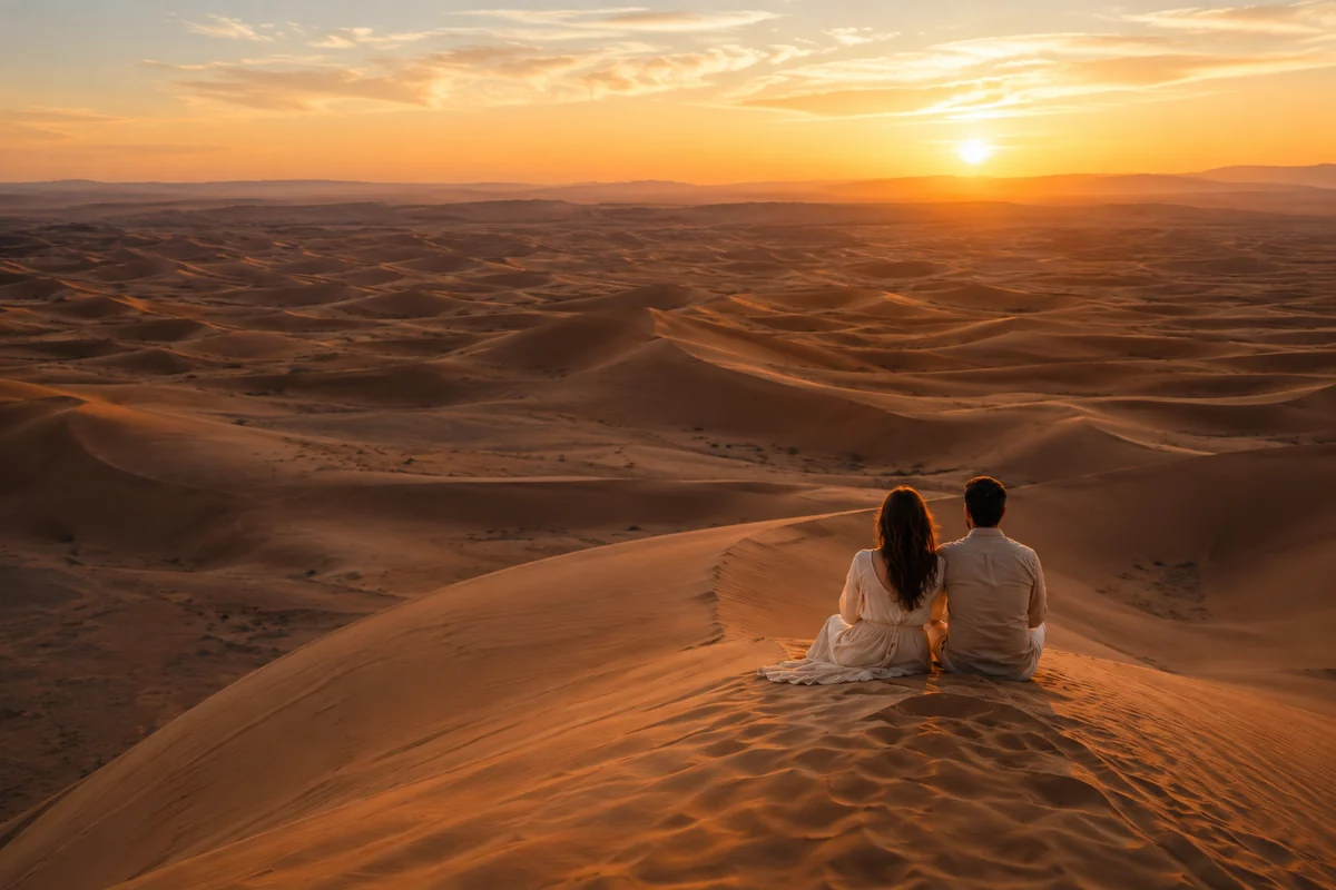 Couple watching the sunset from an Erg Chebbi dune during a private Merzouga desert tour.
