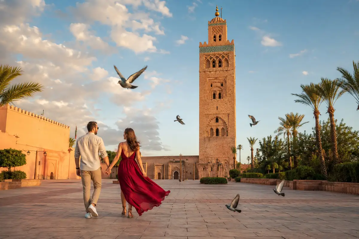 Couple walking near the Koutoubia Mosque during a private Morocco tour in Marrakech