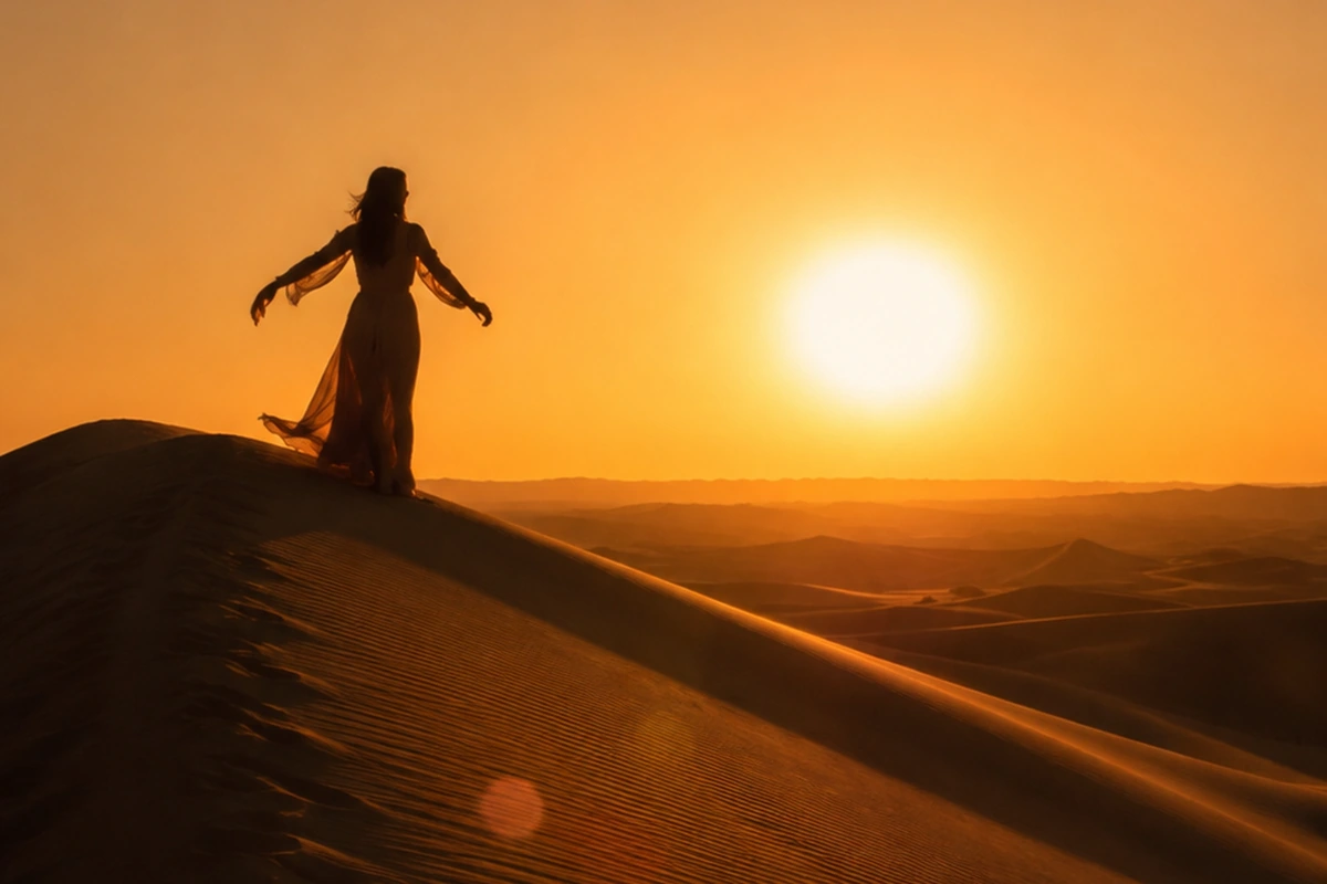 Woman enjoying sunset on the Erg Chebbi dunes during a private Morocco desert tour